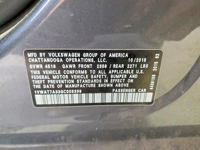 Продаж на аукціоні авто 2016 Volkswagen Passat, vin: 1VWAT7A33GC008399, номер лоту: 48799606