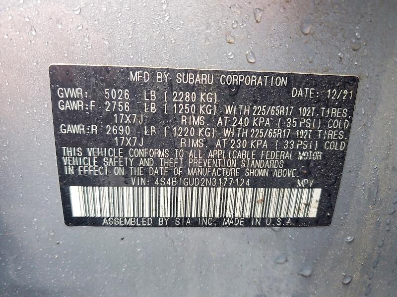 2022 Subaru Outback მანქანა იყიდება აუქციონზე, vin: 4S4BTGUD2N3177124, აუქციონის ნომერი: 48261366