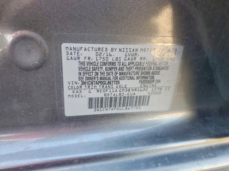 50626836 :رقم المزاد ، 3N1CN7AP0GL867725 vin ، 2016 Nissan Versa مزاد بيع