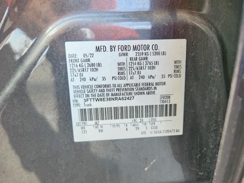 52954166 :رقم المزاد ، 3FTTW8E38NRA62427 vin ، 2022 Ford Maverick مزاد بيع