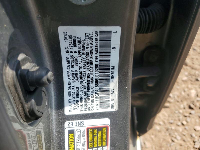 2006 Honda Civic მანქანა იყიდება აუქციონზე, vin: 1HGFA16806L019280, აუქციონის ნომერი: 51029836
