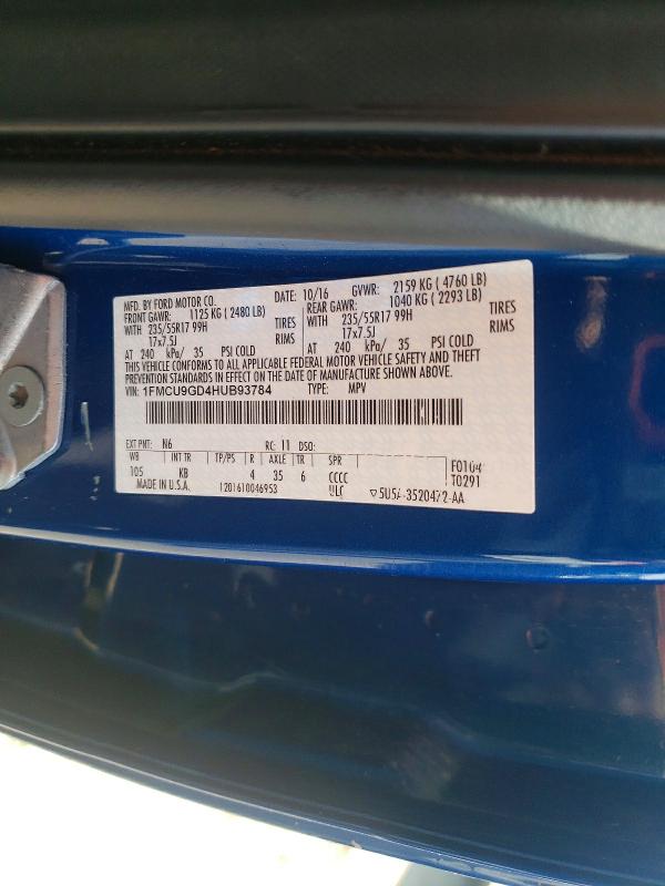 Продажа на аукционе авто 2017 Ford Escape, vin: 1FMCU9GD4HUB93784, номер лота: 51165586