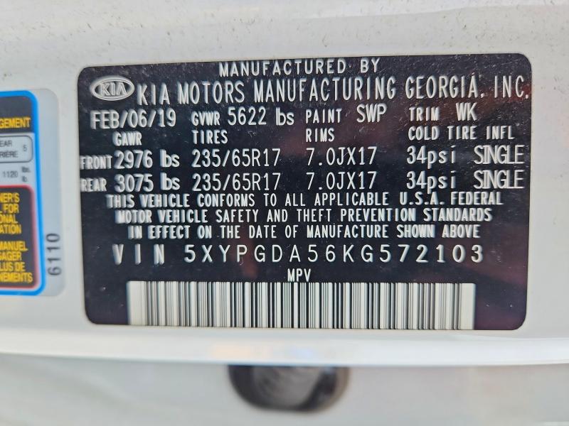 Продажа на аукционе авто 2019 Kia Sorento, vin: 5XYPGDA56KG572103, номер лота: 49186356