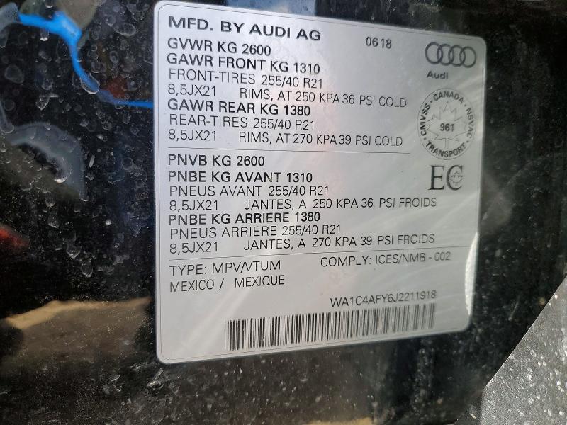 2018 Audi Sq5 მანქანა იყიდება აუქციონზე, vin: WA1C4AFY6J2211918, აუქციონის ნომერი: 50922836