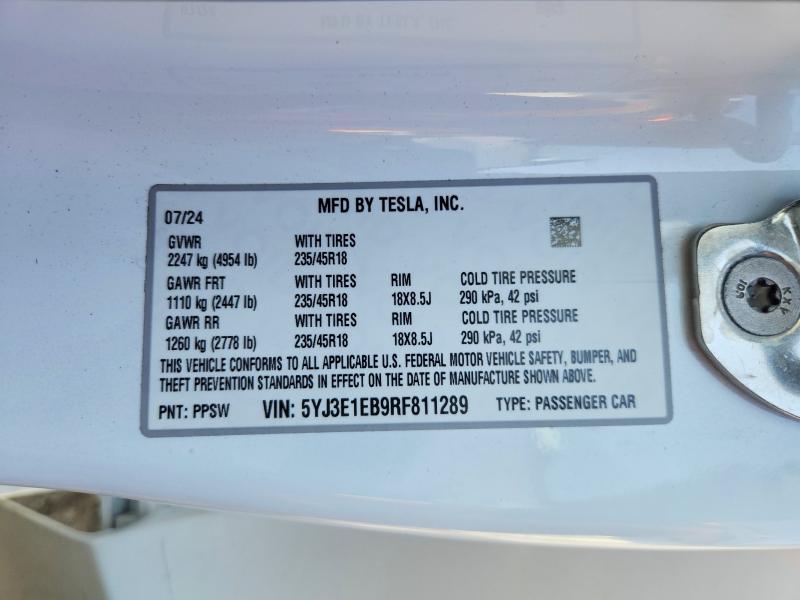 Продаж на аукціоні авто 2024 Tesla Model 3, vin: 5YJ3E1EB9RF811289, номер лоту: 49568496