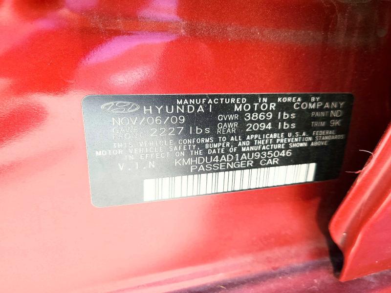 Aukcja sprzedaży 2010 Hyundai Elantra, vin: KMHDU4AD1AU935046, numer aukcji: 49598436
