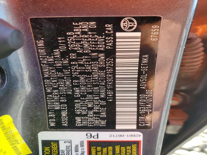 2012 Toyota Camry მანქანა იყიდება აუქციონზე, vin: 4T4BF1FK9CR167252, აუქციონის ნომერი: 41629946