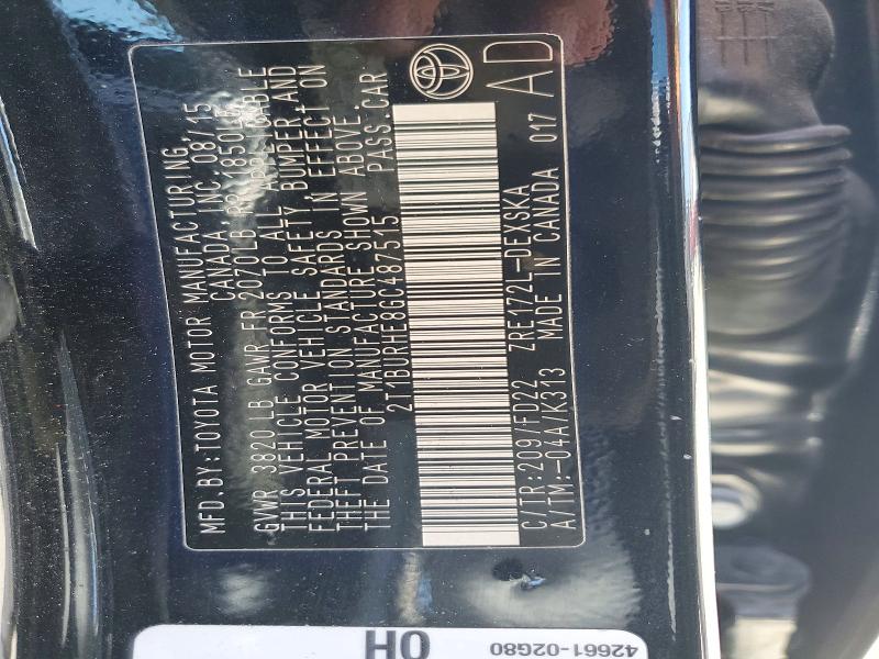 48523876 :رقم المزاد ، 2T1BURHE8GC487515 vin ، 2016 Toyota Corolla مزاد بيع