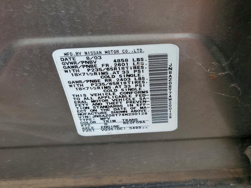 Aukcja sprzedaży 2004 Nissan Murano, vin: JN8AZ08T74W200129, numer aukcji: 47662146