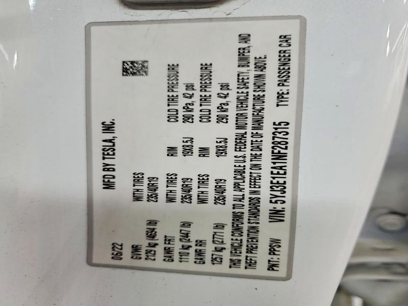 Продаж на аукціоні авто 2022 Tesla Model 3, vin: 5YJ3E1EA1NF287315, номер лоту: 51445886