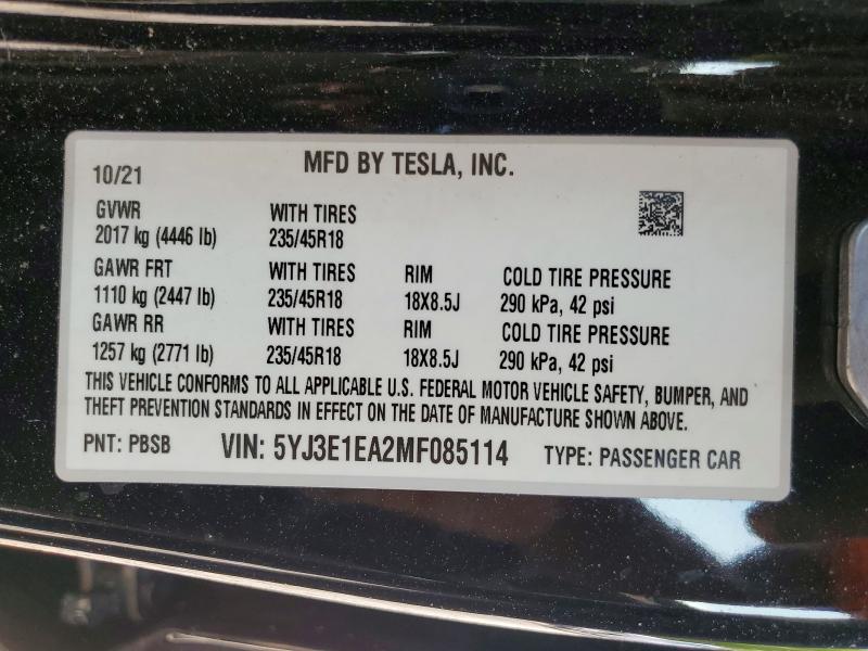 Продаж на аукціоні авто 2021 Tesla Model 3, vin: 5YJ3E1EA2MF085114, номер лоту: 48135616