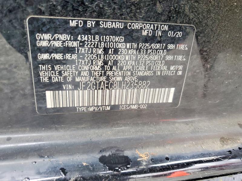 48285716 :رقم المزاد ، JF2GTAEC8LH235882 vin ، 2020 Subaru Crosstrek مزاد بيع