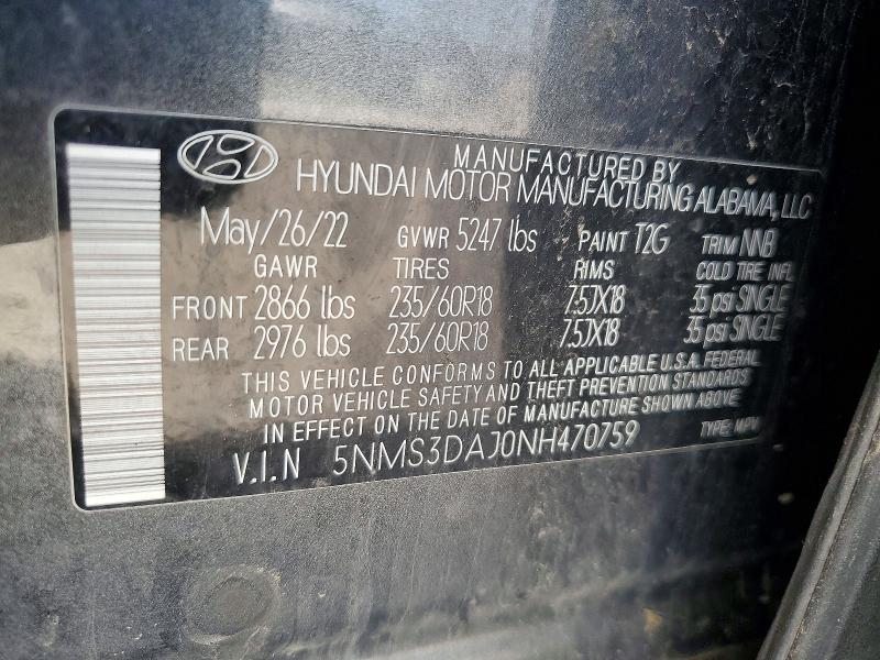 Продаж на аукціоні авто 2022 Hyundai Santa Fe, vin: 5NMS3DAJ0NH470759, номер лоту: 50224766