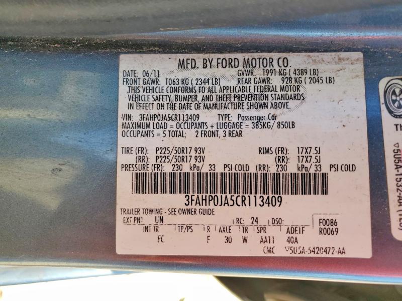 Продажа на аукционе авто 2012 Ford Fusion, vin: 3FAHP0JA5CR113409, номер лота: 51094406