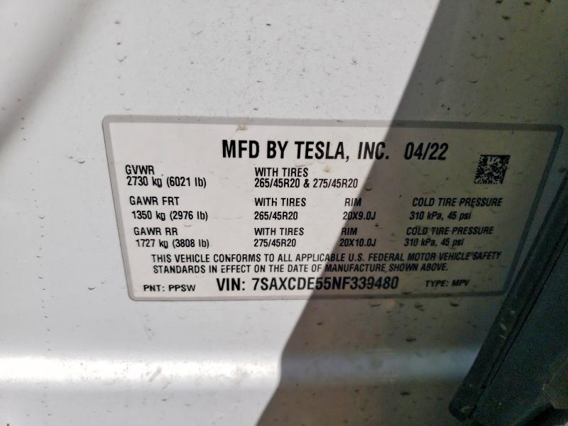 2022 Tesla Model X მანქანა იყიდება აუქციონზე, vin: 7SAXCDE55NF339480, აუქციონის ნომერი: 49797066