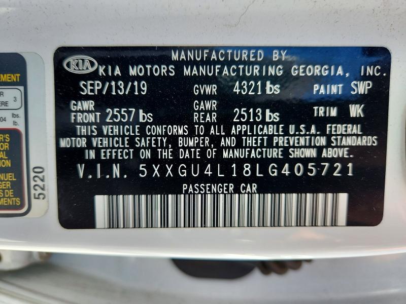 51134756 :رقم المزاد ، 5XXGU4L18LG405721 vin ، 2020 Kia Optima مزاد بيع