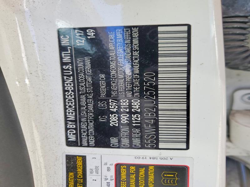 50001246 :رقم المزاد ، 55SWF4JB2JU257520 vin ، 2018 Mercedes-benz C مزاد بيع