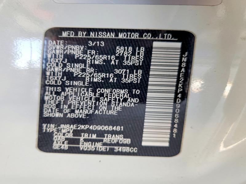 2013 Nissan Quest მანქანა იყიდება აუქციონზე, vin: JN8AE2KP4D9068481, აუქციონის ნომერი: 50439436