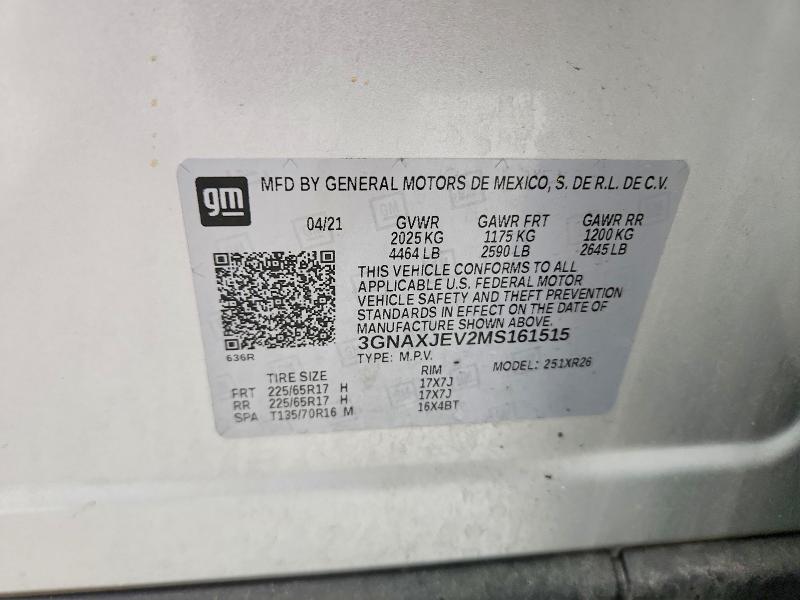 2021 Chevrolet Equinox მანქანა იყიდება აუქციონზე, vin: 3GNAXJEV2MS161515, აუქციონის ნომერი: 49871356