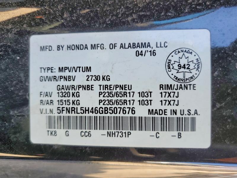 2016 Honda Odyssey მანქანა იყიდება აუქციონზე, vin: 5FNRL5H46GB507676, აუქციონის ნომერი: 50918946