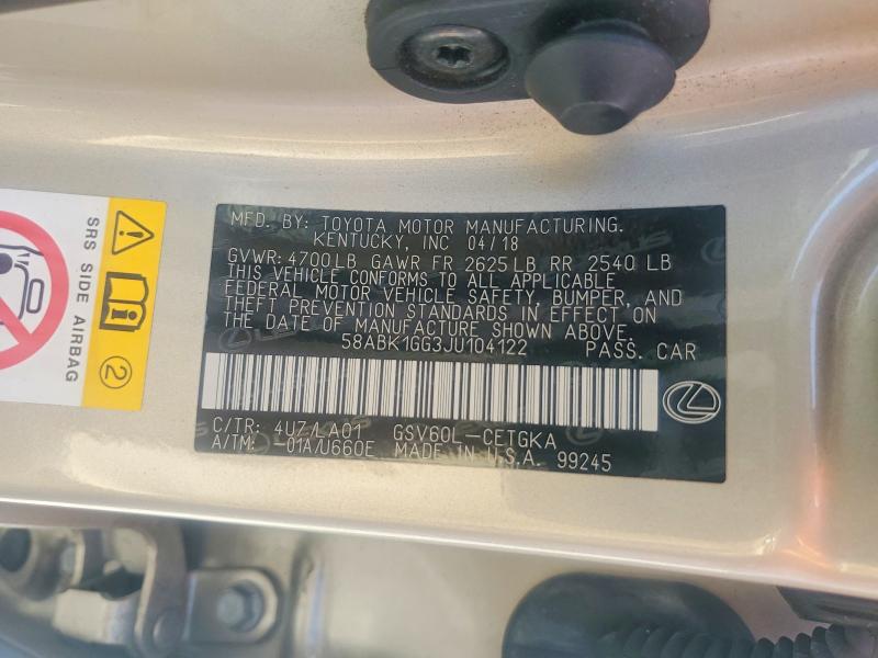 50065376 :رقم المزاد ، 58ABK1GG3JU104122 vin ، 2018 Lexus Es مزاد بيع