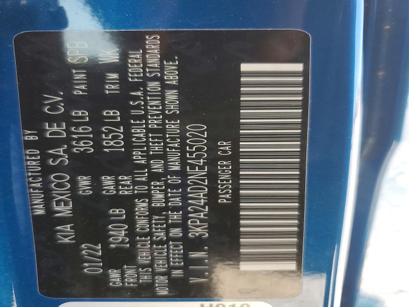 49981166 :رقم المزاد ، 3KPA24AD2NE455020 vin ، 2022 Kia Rio مزاد بيع