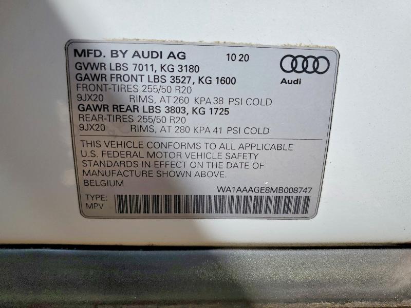 Aukcja sprzedaży 2021 Audi E-tron, vin: WA1AAAGE8MB008747, numer aukcji: 47960826