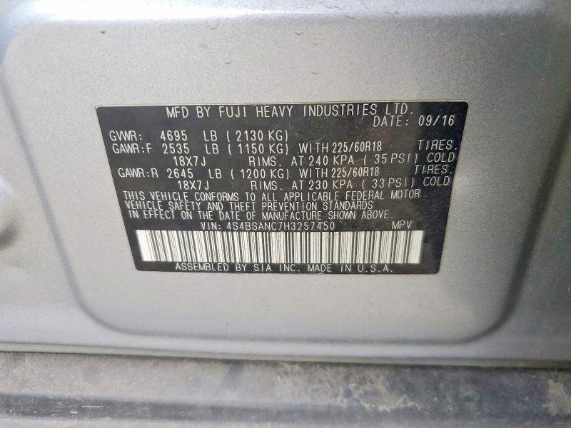 Продаж на аукціоні авто 2017 Subaru Outback, vin: 4S4BSANC7H3257450, номер лоту: 50102556