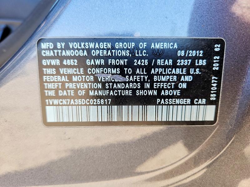 Aukcja sprzedaży 2013 Volkswagen Passat, vin: 1VWCN7A35DC025817, numer aukcji: 50756856