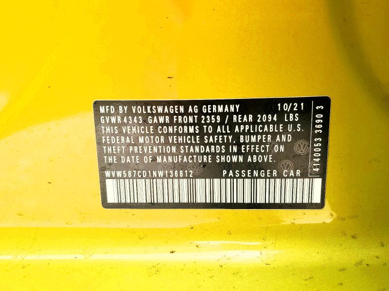 Aukcja sprzedaży 2022 Volkswagen Gti, vin: WVW587CD1NW136812, numer aukcji: 50129526