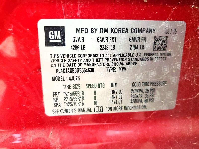 2016 Buick Encore მანქანა იყიდება აუქციონზე, vin: KL4CJASB9GB664630, აუქციონის ნომერი: 50176256