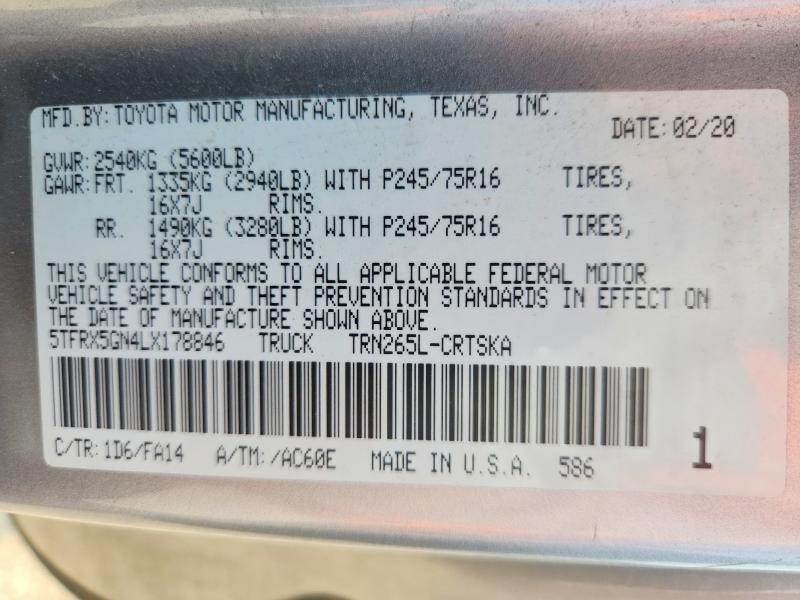 2020 Toyota Tacoma მანქანა იყიდება აუქციონზე, vin: 5TFRX5GN4LX178846, აუქციონის ნომერი: 51135436