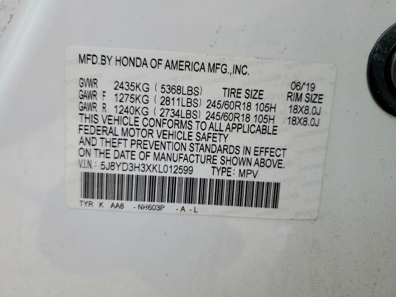 49947796 :رقم المزاد ، 5J8YD3H3XKL012599 vin ، 2019 Acura Mdx مزاد بيع