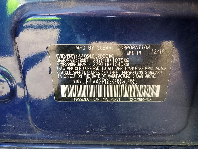 Продаж на аукціоні авто 2019 Subaru Wrx, vin: JF1VA2R69K9820989, номер лоту: 50290566