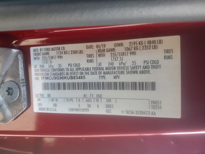 Продаж на аукціоні авто 2019 Ford Escape, vin: 1FMCU9G96KUB83485, номер лоту: 49256266