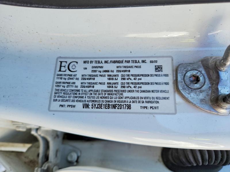 2022 Tesla Model 3 Long Range 75d 4dr Awd მანქანა იყიდება აუქციონზე, vin: 5YJ3E1EB1NF201798, აუქციონის ნომერი: 46231786