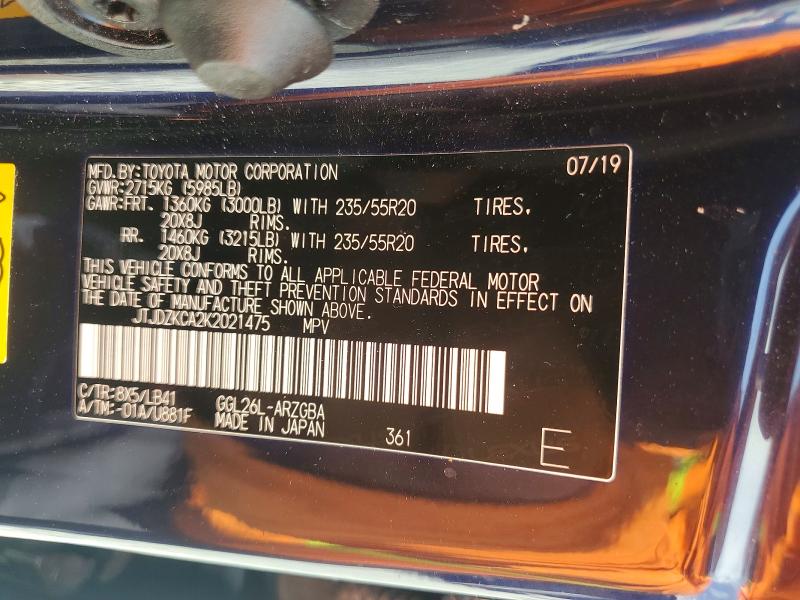 48956756 :رقم المزاد ، JTJDZKCA2K2021475 vin ، 2019 Lexus Rx 350l مزاد بيع