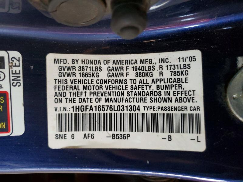 51903626 :رقم المزاد ، 1HGFA16576L031304 vin ، 2006 Honda Civic مزاد بيع