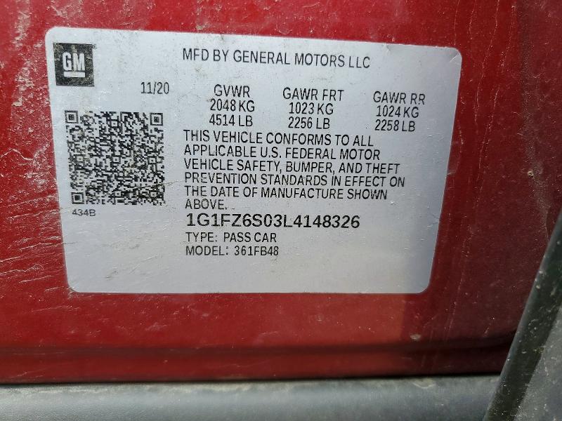 51768956 :رقم المزاد ، 1G1FZ6S03L4148326 vin ، 2020 Chevrolet Bolt Ev مزاد بيع
