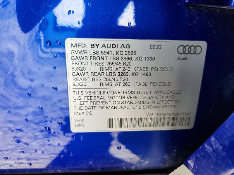 49413826 :رقم المزاد ، WA1E2AFY0N2077542 vin ، 2022 Audi Q5 E مزاد بيع