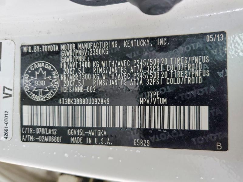 2013 Toyota Venza მანქანა იყიდება აუქციონზე, vin: 4T3BK3BB8DU092849, აუქციონის ნომერი: 48502936