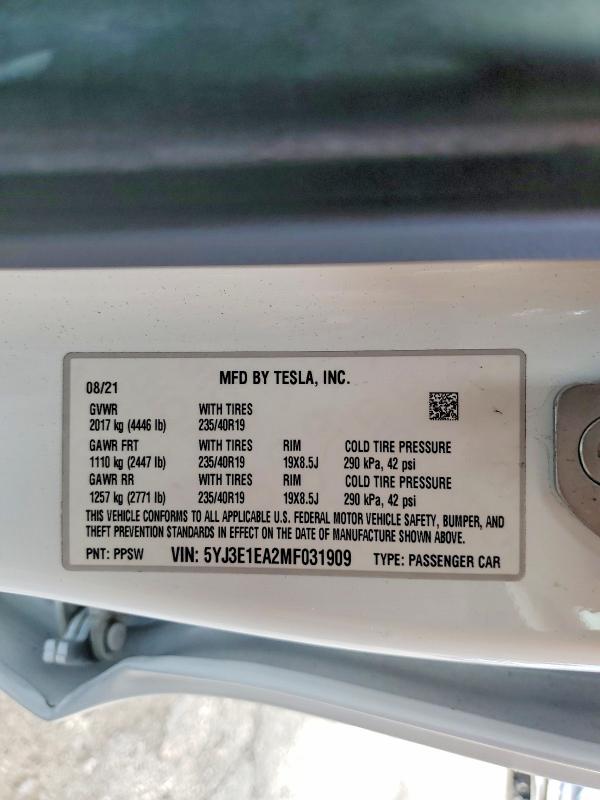 Продаж на аукціоні авто 2021 Tesla Model 3, vin: 5YJ3E1EA2MF031909, номер лоту: 50360076