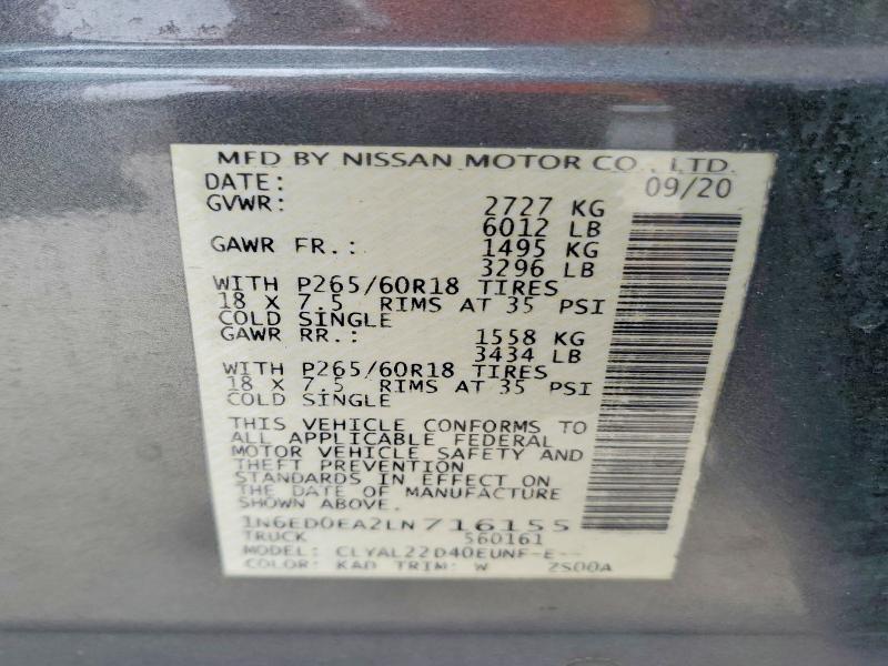 2020 Nissan Frontier მანქანა იყიდება აუქციონზე, vin: 1N6ED0EA2LN716155, აუქციონის ნომერი: 50745276