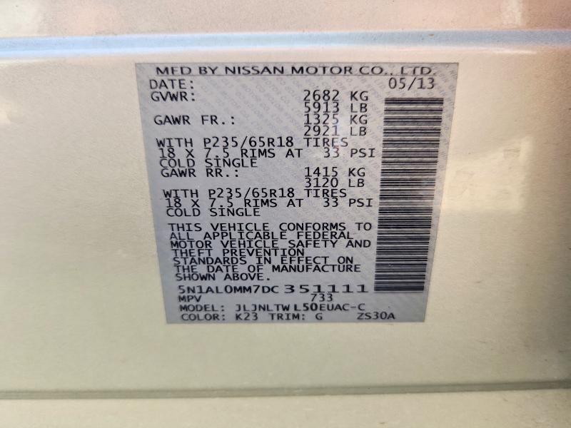 2013 Infiniti Jx35 მანქანა იყიდება აუქციონზე, vin: 5N1AL0MM7DC351111, აუქციონის ნომერი: 49970746