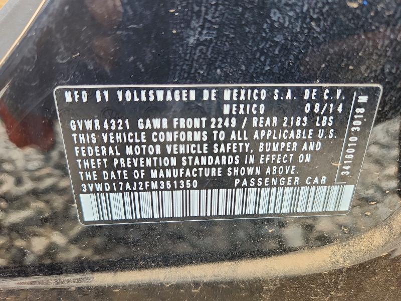 2015 Volkswagen Jetta მანქანა იყიდება აუქციონზე, vin: 3VWD17AJ2FM351350, აუქციონის ნომერი: 49212676
