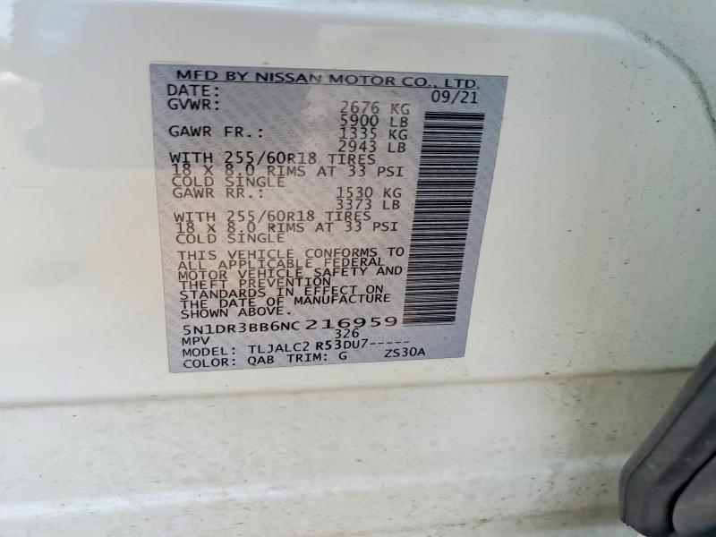 2022 Nissan Pathfinder მანქანა იყიდება აუქციონზე, vin: 5N1DR3BB6NC216959, აუქციონის ნომერი: 48470726