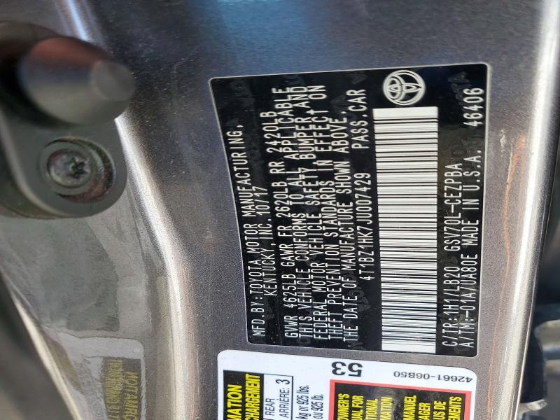 2018 Toyota Camry მანქანა იყიდება აუქციონზე, vin: 4T1BZ1HK7JU007429, აუქციონის ნომერი: 50970066