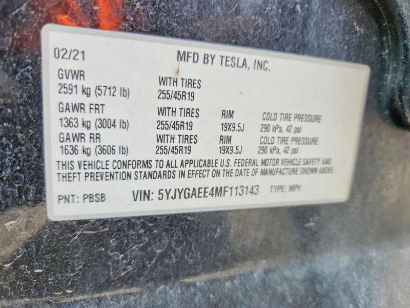 2021 Tesla Model Y მანქანა იყიდება აუქციონზე, vin: 5YJYGAEE4MF113143, აუქციონის ნომერი: 50579786