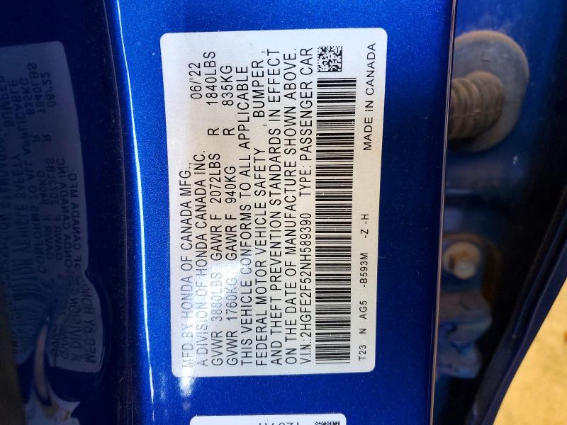 Продажа на аукционе авто 2022 Honda Civic, vin: 2HGFE2F52NH589390, номер лота: 51280956