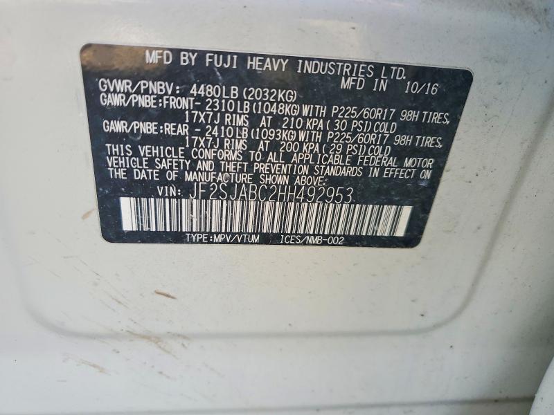 2017 Subaru Forester მანქანა იყიდება აუქციონზე, vin: JF2SJABC2HH492953, აუქციონის ნომერი: 48439216